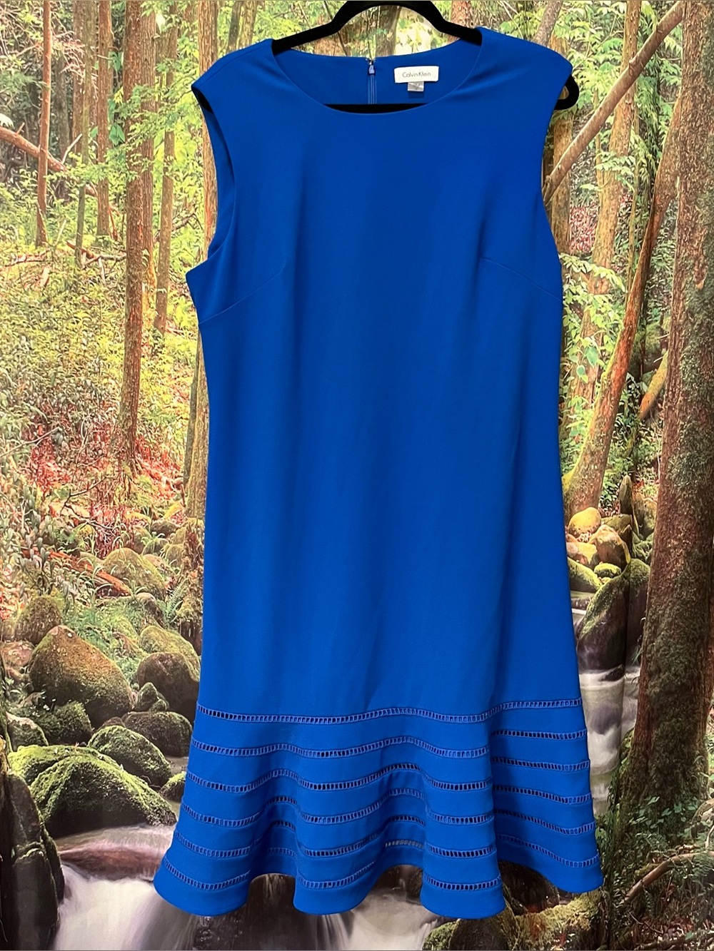 Calvin Klein Royal Cobalt Blue Ladder Lace Trim Flair Sheath Dress 16